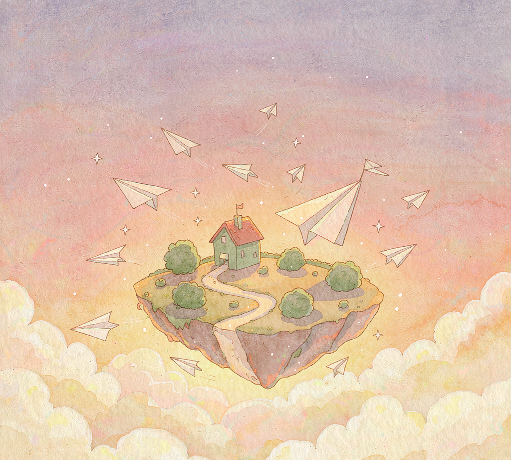 漂浮小岛水彩插画